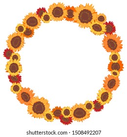 Autumn wreath of yellow and orange sunflowers.