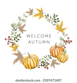 Autumn wreath, yellow pumkins, red berries, maple leaves, white background. Print for t shirt, poster, with text. Vector illustration. Fall floral arrangement. Design template greeting card