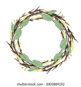 Autumn wreath.Elegant round frame,garland,wreath or border made of colorful leaves and branch.Natural decorative vector illustration in modern flat style.For wapping paper,taxtile print,banner,card.