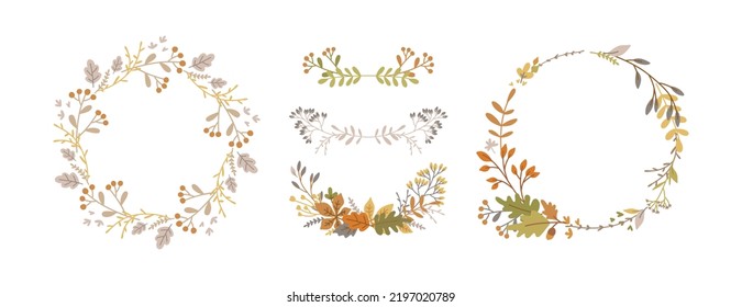 Autumn wreaths and design elements. Fall. Hand drawn leaves, plants, branches. Good for Thanksgiving greeting cards, invitations, flyers and other graphic design. Vector illustration