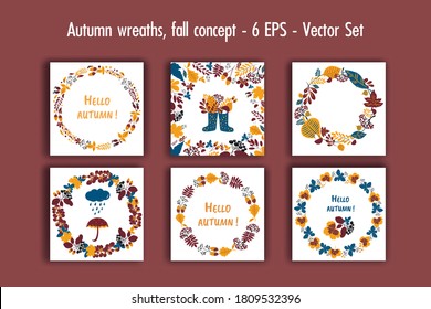 Autumn wreaths, fall concept vector set. Collection of hand drawn autumn elements for design