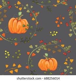 Autumn wreaths with pumpkins seamless pattern. Vector illustration on dark grey background