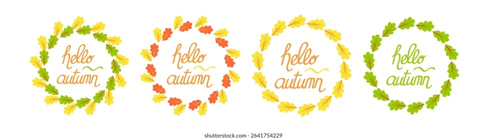 Autumn wreaths with warm-colored foliage and handwritten “hello autumn” text. Great for rustic cards, fall banners, harvest posters, and digital designs.