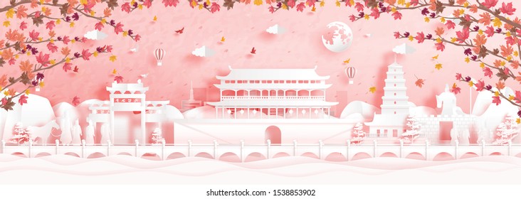 Autumn in Xian, China with falling maple leaves and world famous landmarks in paper cut style vector illustration