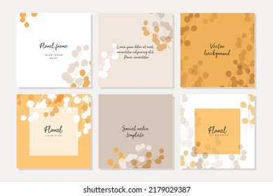 Autumn yellow beige square backgrounds with simple leaves. Frame with floral elements. Vector template for card, banner, invitation, social media post, poster, mobile apps, web ads