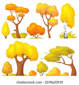 Autumn yellow bush. Cartoon seasons garden and forest trees in fall, season orange leaves, gold hedge foliage, maple leaves isolated neat vector illustration. Tree autumn, yellow fall season