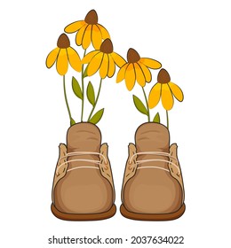 Autumn yellow flowers in boots. Vector illustration.