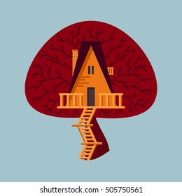 Autumn yellow house is located on a red tree with branches. Vector illustration