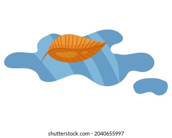 Autumn yellow leaf floating in a puddle of water on a white background. Autumn season, wet weather, decrepit nature. Seasonal sale design element. Cartoon vector illustration isolated on white.