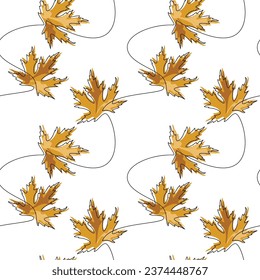 Hojas amarillas otoñales vectorial sin costuras. Icono de hoja de arce continua de línea. Ilustración floral. Fondo botánico. Papel de escritorio, fondo gráfico, tela, textil, impresión, tarjeta, pancarta, fondo.