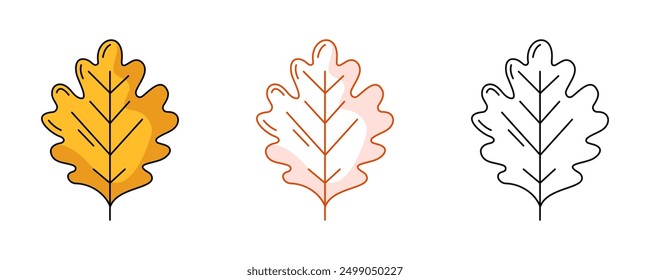 Autumn yellow oak leaf, colorful and line icon set. Fall seasonal concept, vector flat outline icon, monochrome red and color illustration. For logo, sticker, coloring book, label, emblem