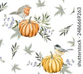 Autumn yellow, orange pumpkins, maple leaves, chickadee, robin bird, white background. Vector seamless pattern. Fall season illustration. Garden nature design