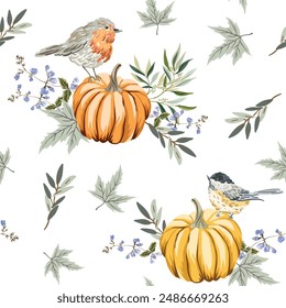 Autumn yellow, orange pumpkins, maple leaves, chickadee, robin bird, white background. Vector seamless pattern. Fall season illustration. Garden nature design