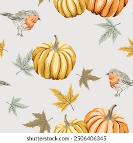 Autumn yellow, orange pumpkins, maple leaves, robin birds, light gray background. Vector seamless pattern. Fall season illustration. Garden nature design