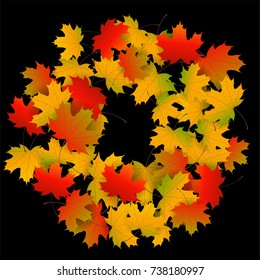 Autumn yellow, orange, red maple leaves background in vector. Nature colors of autumn falling leaves on black for banner, ticket, leaflet, card, poster. Autumn botany landscape. Round frame. Wreath.