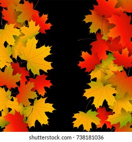 Autumn yellow, orange, red maple leaves background in vector. Nature colors of autumn falling leaves on black for banner, ticket, leaflet, card, poster. Autumn botany landscape. Season frame. 