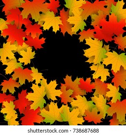 Autumn yellow, orange, red maple leaves background in vector. Nature colors of autumn. Falling colored leaves on black for banner, ticket, leaflet, card, poster. Autumn botany landscape.