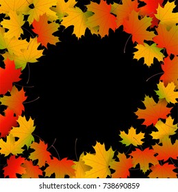 Autumn yellow, orange, red maple leaves background in vector. Nature colors of autumn. Falling colored leaves on black for banner, ticket, leaflet, card, poster. Autumn botany landscape.