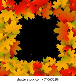 Autumn yellow, orange, red maple leaves background in vector. Nature colors of autumn. Falling colored leaves on black for banner, ticket, leaflet, card, poster. Autumn botany landscape.