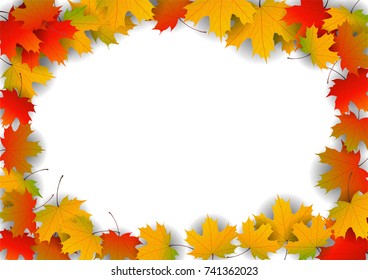Autumn yellow, orange, red maple leaves background in vector. Nature colors of autumn. Falling colored leaves on white for banner, poster, leaflet, card, poster. Autumn botany landscape. Autumn fall.