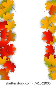 Autumn yellow, orange, red maple leaves background in vector. Nature colors of autumn. Falling colored leaves on white for banner, poster, leaflet, card, poster. Autumn botany landscape. Autumn fall.