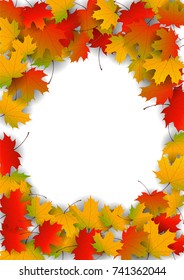 Autumn yellow, orange, red maple leaves background in vector. Nature colors of autumn. Falling colored leaves on white for banner, poster, leaflet, card, poster. Autumn botany landscape. Autumn fall.