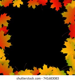 Autumn yellow, orange, red maple leaves background in vector. Nature colors of autumn. Falling colored leaves on black for banner, ticket, leaflet, card, poster. Autumn botany landscape.