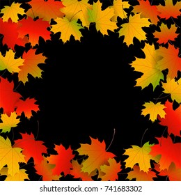Autumn yellow, orange, red maple leaves background in vector. Nature colors of autumn. Falling colored leaves on black for banner, ticket, leaflet, card, poster. Autumn botany landscape.