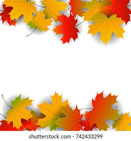 Autumn yellow, orange, red maple leaves background in vector. Nature colors of autumn. Falling colored leaves on white for banner, poster, leaflet, card, poster. Autumn botany landscape. Autumn fall.