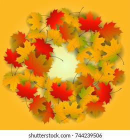 Autumn yellow, orange, red maple leaves background in vector. Nature colors of autumn. Falling colored leaves on white for banner, poster, leaflet, card, poster. Autumn botany landscape. Thanksgiving.