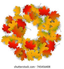 Autumn yellow, orange, red maple leaves background in vector. Nature colors of autumn. Falling colored leaves on white for banner, poster, leaflet, card, poster. Autumn botany landscape. Autumn fall.