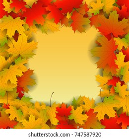 Autumn yellow, orange, red maple leaves background in vector. Nature colors of autumn. Falling colored leaves on white for banner, poster, leaflet, card, poster. 