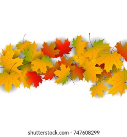 Autumn yellow, orange, red maple leaves background in vector. Nature colors of autumn. Falling colored leaves on white for banner, poster, leaflet, card, poster. 