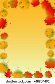Autumn yellow, orange, red maple leaves background in vector. Nature colors of autumn. Falling colored leaves on white for banner, poster, leaflet, card, poster. Autumn botany landscape. Autumn fall.