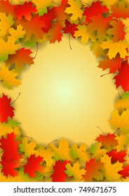 Autumn yellow, orange, red maple leaves background in vector. Nature colors of autumn. Falling colored leaves on white for banner, poster, leaflet, card, poster. Autumn botany landscape. Autumn fall.