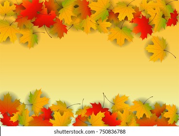 Autumn yellow, orange, red maple leaves background in vector. Nature colors of autumn. Falling colored leaves on white for banner, poster, leaflet, card, poster. Autumn botany landscape. Autumn fall.