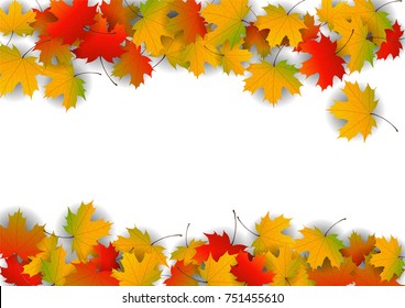 Autumn yellow, orange, red maple leaves background in vector. Nature colors of autumn. Falling colored leaves on white for banner, poster, leaflet, card, poster. Autumn botany landscape. Autumn fall.