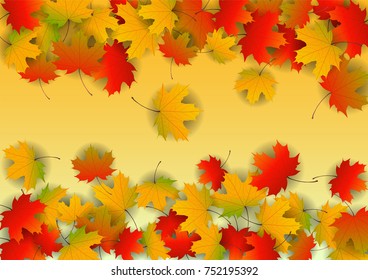 Autumn yellow, orange, red maple leaves background in vector. Nature colors of autumn. Falling colored leaves on white for banner, poster, leaflet, card, poster. Autumn botany landscape. Autumn fall.