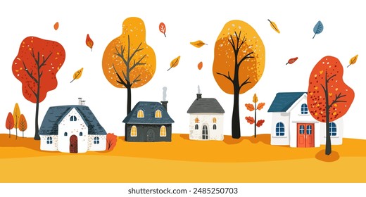 Autumn yellow, orange and red trees, leaf fall. Small white houses on an ocher lawn. Hand drawn. Folk poster Autumn landscape.