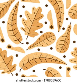 Autumn yellow pattern with leaves, leaves maple, mountain ash, oak, birch.Seamless pattern with colorful autumn leaves. Various veined leaves on white background. Vector illustration.