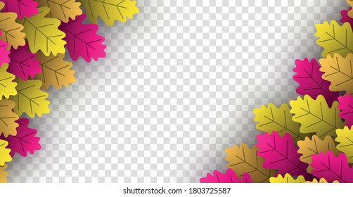 Autumn yellow and pink oak leaves corner frame. Transparent background. Vector illustration.