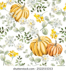 Autumn yellow pumpkins, daisy flowers, green leaves, white background. Vector seamless pattern. Fall season illustration. Meadow and garden plants. Nature design