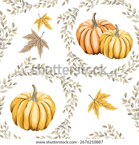 Autumn yellow pumpkins, maple leaves, twigs wreath, white background. Vector seamless pattern. Fall season illustration. Garden nature design