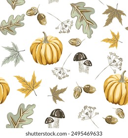 Herbstgelbe Kürbisse, Eichenblätter, Eicheln, Pilze, Ahornblätter, weißer Hintergrund. Nahtlose Vektorgrafik. Herbstsaison-Illustration. Wald- und Gartengestaltung