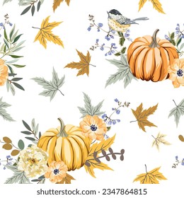 Autumn yellow pumpkins, orange flowers, maple leaves, titmouse bird, white background. Vector seamless pattern. Fall season illustration. Garden nature design