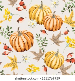 Autumn yellow pumpkins, red rosehip berries, maple leaves, daisy flowers, beige background. Vector seamless pattern. Fall season illustration. Garden nature design