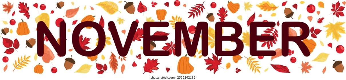 autumn yellow, red leaves, acorns, mountain ash, pumpkin. background for the decoration of autumn holidays, Thanksgiving day. November, October. vector, graphic image.