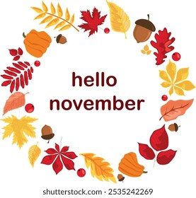autumn yellow, red leaves, acorns, mountain ash, pumpkin. background for the decoration of autumn holidays, Thanksgiving day. November, October. vector, graphic image.