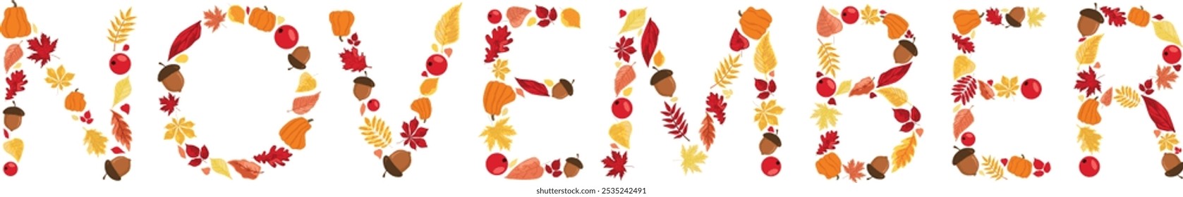 autumn yellow, red leaves, acorns, mountain ash, pumpkin. background for the decoration of autumn holidays, Thanksgiving day. November, October. vector, graphic image.