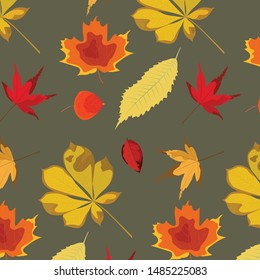 Autumn yellow and red leaves set on green background. Seamless pattern for textile, wallpapers, gift wrap and scrapbook. Flat vector illustration, eps 10